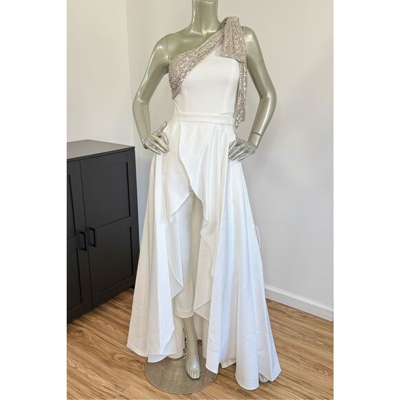 JAYGODFREY White and Silver One-Shoulder Jumpsuit - Picture 6 of 14